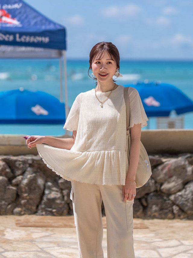 エアリーシャーリングペプラムトップス【リサイクルポリエステル】