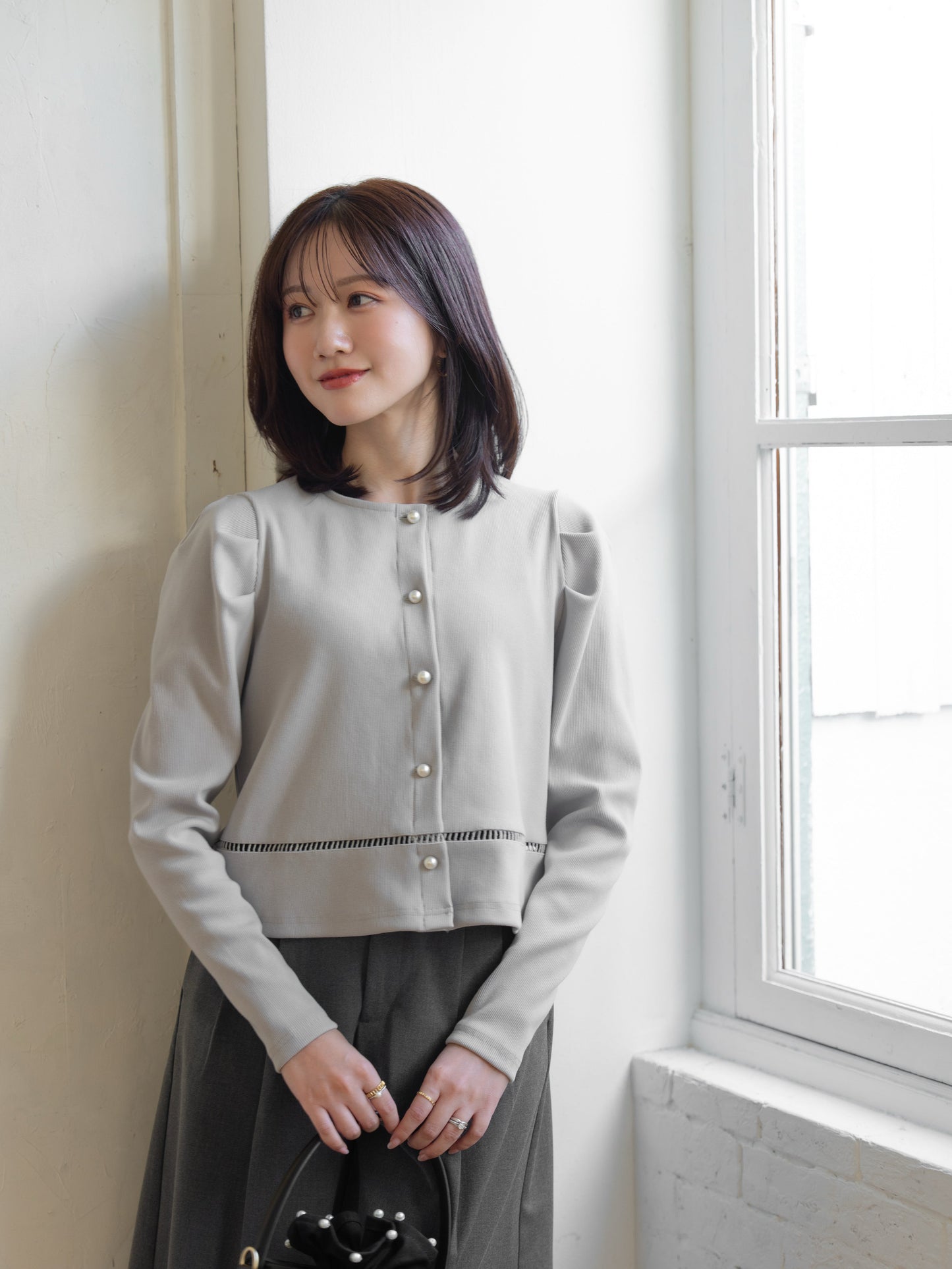 パールボタンリブカーディガン 【リサイクルポリエステル】